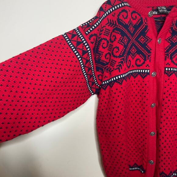 Dale of Norway Vintage Red Navy Fair Isle 100 Pure Wool Knit Cardigan Sweater XL - Picture 5 of 7